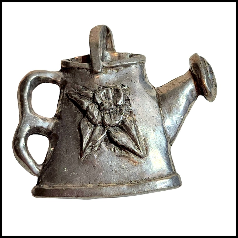 Vintage Brooch Pin Watering Can Barker 1996 Pewter Signed Flower Gardening